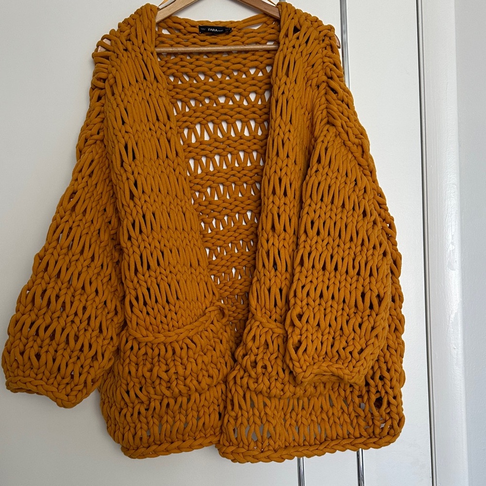 Zara Chunky Open-Knit Cardigan - Mustard Yellow, Size M
